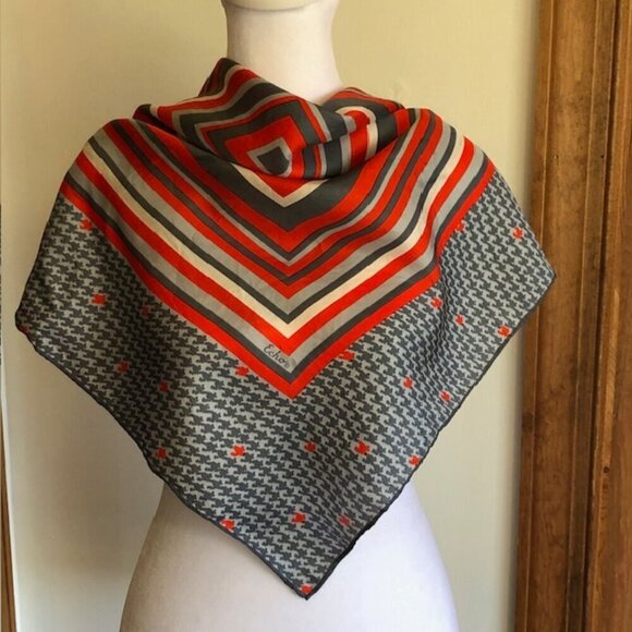 ECHO Silk Gray Red Square Scarf Vintage - Picture 5 of 16